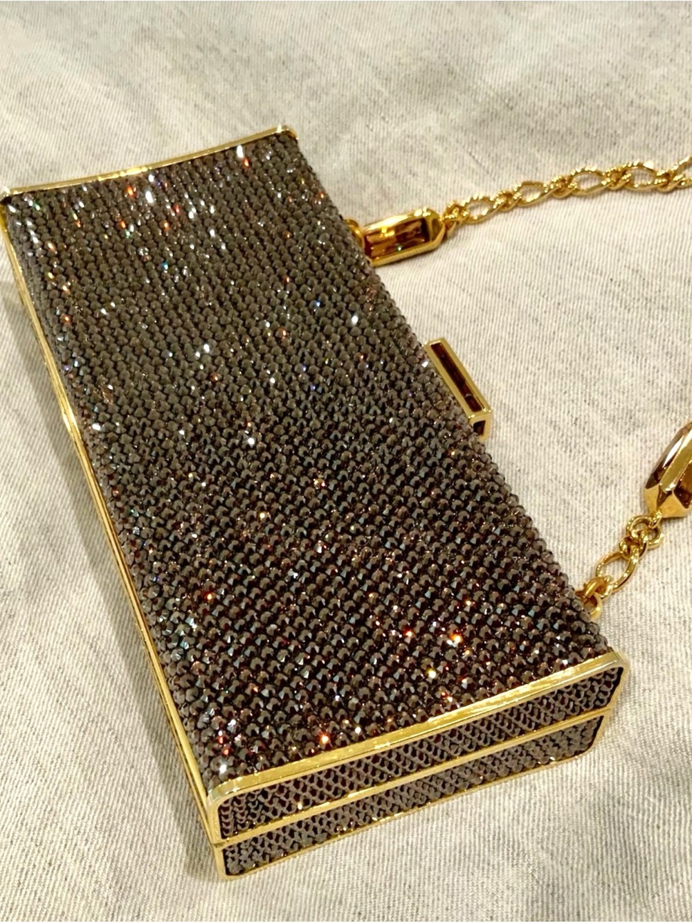 Judith Leiber Black Crystal Minaudière with Gold Hardware